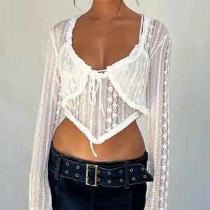 Tiger Mist (L) Creamy White Sheer Lace Matching Set- Coord Tank + Tie Cardigan